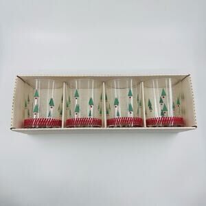 Luminarc Set of 4 Gobelets Glasses With Christmas Trees White Dot Red Stripes